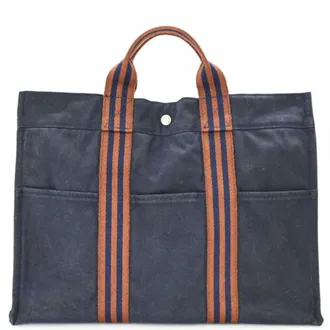 Herm&egrave;s Brown Navy Canvas Handbag Tote Bag (Pre-Owned)