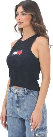 Tommy Jeans Tops, Dames, Zwart, M, Zwarte Geribbelde Tanktop