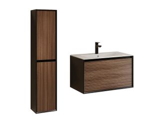 Vente-Unique Mueble de baño suspendido estriado con lavabo encastrado, columna y grifo - Color natural oscuro y negro - 80 cm - BANIVA