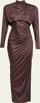 Balmain Strong-Shoulder Jersey Ruched Slit Maxi Dress
