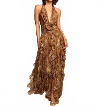 Ramy Brook Emerance Plunging Halter Gown In Gold