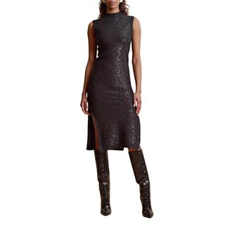 By Ti Mo Sprankelende Gebreide Midi Jurk - Dames - Feestkleedjes - Zwart - S - Nylon - Kleedjes