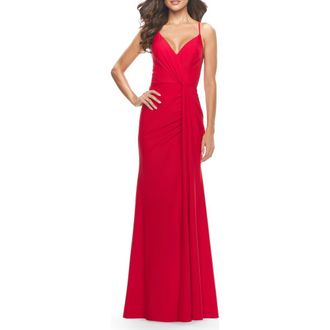 La Femme Soft Jersey Dress with Knot Waist and Lace Up Back in Red at Nordstrom, Size 00