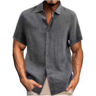Generic Linen Shirt for Mens Short Sleeve Regular Fit Tops UK Plus Size Sale Clearance Casual Tees Summer Beach Hawaiian Holiday Shirt Button Solid Colour Lig
