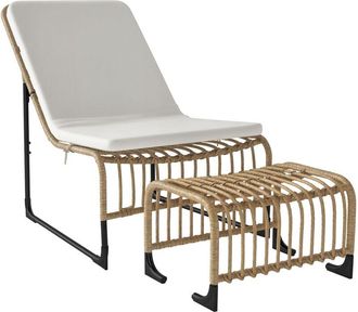 OUTSUNNY Conjunto De Sill&oacute;n De Jard&iacute;n Con Reposapi&eacute;s De Rat&aacute;n Sint&eacute;tico Sill&oacute;n Para Exterior Con Coj&iacute;n Acolchado Y Estructura De Acero Natural Y Beige