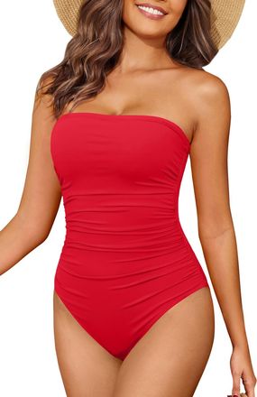 Holipick Women Tummy Control One Piece Swimsuits Strapless Bandeau Bathing Suits Slimming Halter Swimwear, Red, 18 Plus