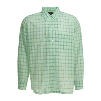 Beams Plus Overhemden, Heren, Groen, M, Katoen, Open B.d. Seersucker Plaid Shirt