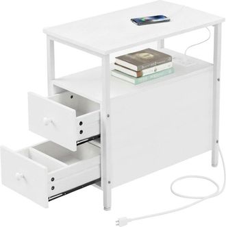 Relaxdays Tavolino Relaxdays con prese elettriche, USB, 2 cassetti, H x L x P: 61 x 35 x 60 cm, comodino angolare, bianco