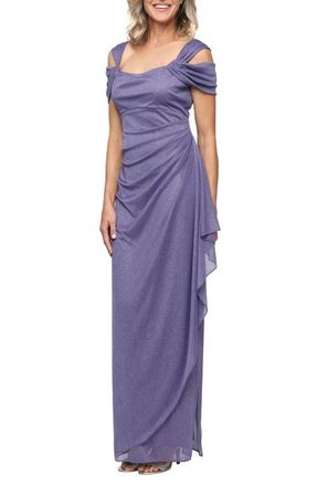 Alex Evenings Cold Shoulder Ruffle Glitter Chiffon Gown in Icy Orchid at Nordstrom, Size 10