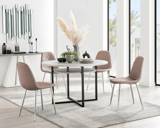 Furniturebox Adley Grey Concrete Effect Round Dining Table & 4 Corona Silver Chairs in Beige