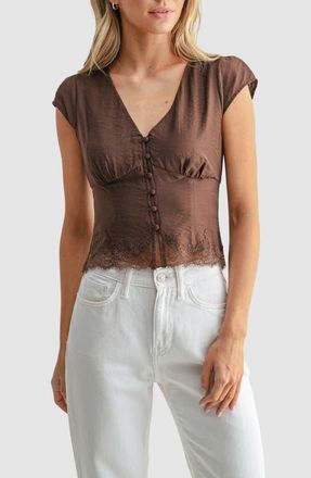 All in Favor Lace Hem Cap Sleeve Top in Brown at Nordstrom, Size X-Large