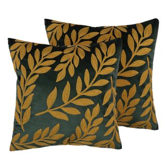 Beliani Beliani - Conjunto De Cojines Decorativos En Terciopelo Verde Con Hojas 45 X 45 Cm Estampado Floral Decoraci&oacute;n Moderna Retro Mistletoe