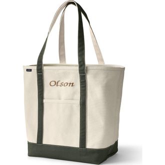 Lands End Open Top Long Handle Canvas Tote Bag in Natural/dark Olive Green at Nordstrom, Size Medium
