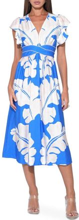 Adelyn Rae Avery Botanical Print Midi Dress in Blue/Ivory at Nordstrom, Size X-Small
