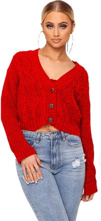 Crazy Girls Womens Ladies Long Sleeve 3 Button Cropped Chunky Aran Cable Knitted Grandad Cardigan (12-14, Red)