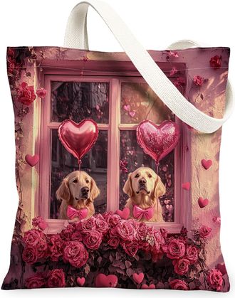Generic Valentines Day Labrador Retriever Dog Canvas Tote Bag for Shopping 13x15, Window Couple Puppy Reusable Grocery Print Bag for Women, Pet Beach Aestheti
