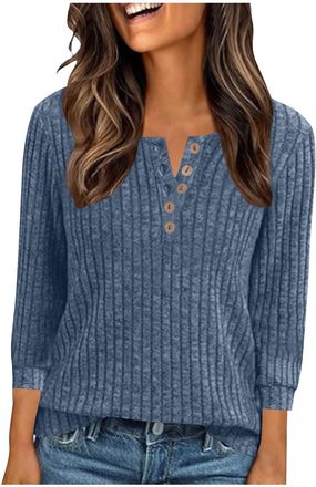 Generic Womens Jumpers 3/4 Sleeve V Neck Button Knit Sweater Jumpers Lightweight Ribbed Stripe Tunic Sweater Tops Elegant Casual Knitted Pullover Comfortable 