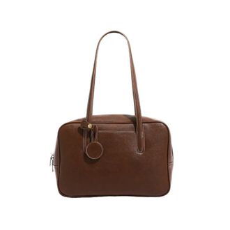 Generic Retro Sugar Cube Bowling Bag Tanned Leather Commuter Underarm Small Square Simple Shoulder Handbag(Large dark)