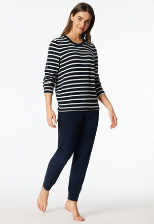 Schiesser Schlafanzug SCHIESSER Casual Essentials, Damen, Gr. 38, blau (nachtblau), Frottee, Obermaterial: 80% Baumwolle, 20% Polyester, bequem lang, Rundhals, 