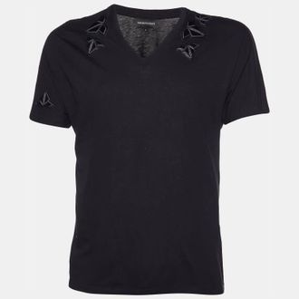 Emporio Armani Black Cotton Patch Detail V-Neck T-Shirt