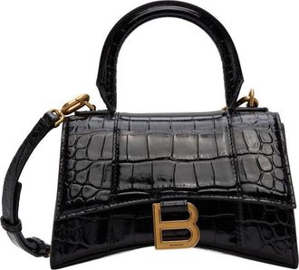 Balenciaga Black Croc XS Hourglass Top Handle Bag