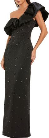 Mac Duggal One Shoulder Crepe Crystal Embellished Gown in Black at Nordstrom, Size 12