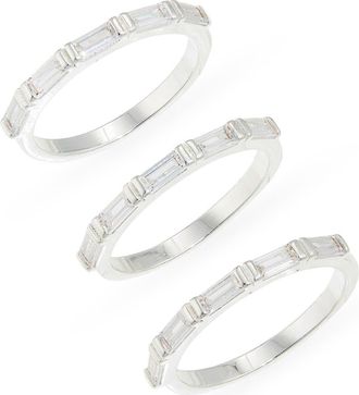 Nordstrom Rack Set of 3 Baguette Cubic Zirconia Stackable Band Rings in Clear- Silver at Nordstrom Rack, Size 7