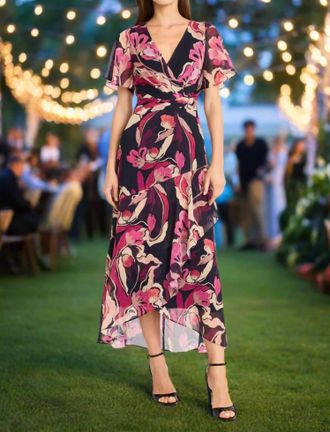 Maggy London Flutter Sleeve High-Low Midi Dress In Pink & Black