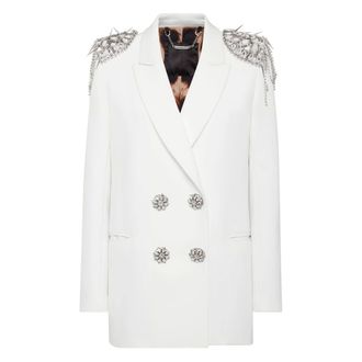 Philipp Plein Jassen, Dames, Wit, M, Leer, Double-Breasted Blazer met Kristallen
