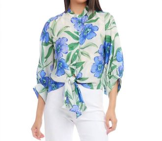 Karen Kane Fallon Floral Print Tie Front Top In Blue