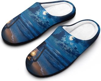 Generic Lamp Moon And Beach Print Womens Slippers Warm House Slippers Indoor House Shoes with Anti-Skid Rubber Sole