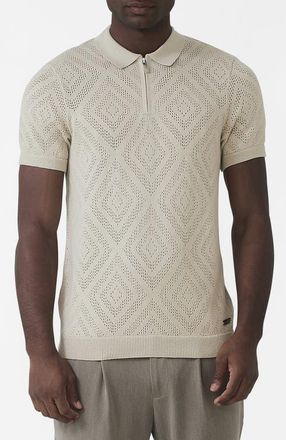 Mauvais Chalbi Slim Fit Knit Pointelle Zip Polo in Light Beige at Nordstrom, Size Xx-Large