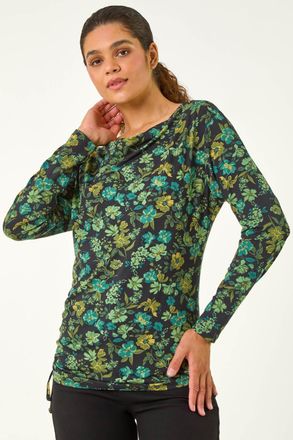 Roman Ruched Floral Cowl Neck Top
