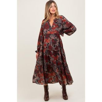 Pinkblush Floral Chiffon Ruffle Tiered Midi Dress in Beige at Nordstrom, Size Medium