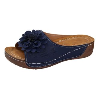 Generic Casual Sandals For Women Thick Soled Flower Fashion Casual Women Shoes Solid Color Open Toe Hollow Slippers Soft Breathable Outdoor Wedges Shoes (Blue