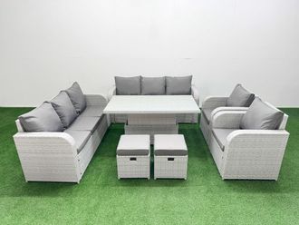 Fimous PE Rattan High Back Lounge Sofa Set Patio Adjustable Lifting Dining or Coffee Table & Chairs Set w/ 3 Seater Sofa Reclining Chair Stools Light