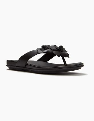 FitFlop Womens Fitflop Gracie Flower Leather Womens Black Flip Flops - Size: 8