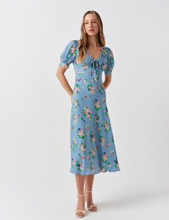 Ghost London Dorothy Tie V-Neck Crepe Midi Dress in Blue Floral at Nordstrom, Size 14