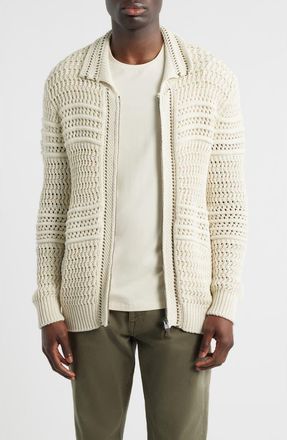 Canali Zip Front Crochet Knit Sweater in Beige at Nordstrom, Size 38 Us