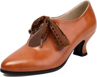 Generic Womens PU Leather Pumps Pointed Toe Low Stiletto Heel Lace Bow Decoration Cutout Design Soft Lining Reinforced Stitching Stylish Shoes,Brown,3.5 UK