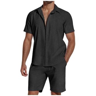 Generic Mens Linen Shirt And Shorts Set, Mens Cotton Linen Shirts Mens Summer Shirts Beach Shirt Casual Shirts Solid Color Shirt Shorts Button Up Blouses 2 Pi