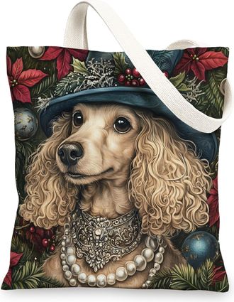 Generic Vintage Christmas Poodle Dog Canvas Tote Bag for Shopping 13x15, Retro Xmas Puppy Reusable Grocery Print Pattern Bag for Women, Pet Beach Aesthetic Pa