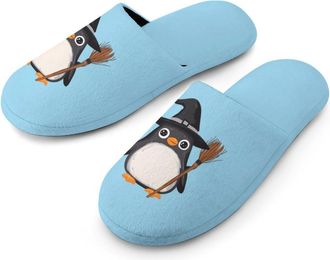 Generic Penguin Witch Warm Mens Slippers Slip On Soft Fleece House Shoes Winter Indoor Outdoor