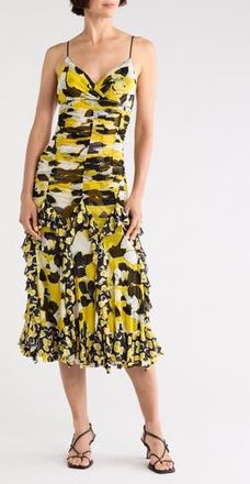 Diane Von F&uuml;rstenberg Portia Ruched Mesh Ruffle Cocktail Dress in Egons Floral Yellow at Nordstrom Rack, Size Xx-Small