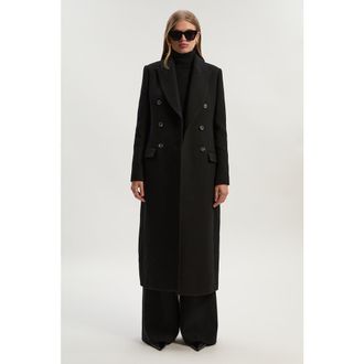 Karen Millen Petite Double Breasted Midi Coat in Black at Nordstrom, Size 12P