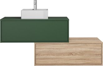 Vente-Unique Mueble de ba&ntilde;o flotante verde y natural claro con lavabo y dos cajones - 94 cm - TEANA II