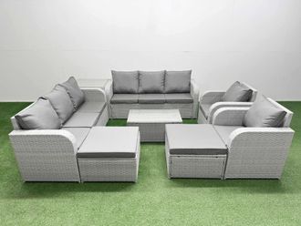Fimous PE Rattan High Back Lounge Sofa Set Patio Coffee Table & Chairs Set with 3 Seater Sofa Reclining Chair 2 Big Footstool Side Table Light Grey
