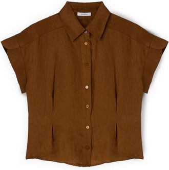 Motivi Linnen shirt met plooien - Dames - Overhemden - Bruin - S - Linnen - Overhemden
