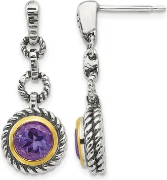 Diamond2Deal Sterling Silver Gold-tone Flash Gold-plated Antiqued Round Bezel Amethyst Dangle Earrings