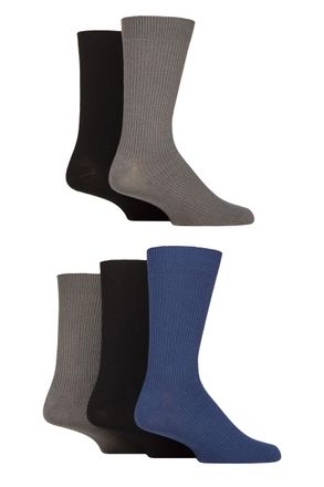 Jeff Banks Mens Crew Socks - Cotton Blend, Plain, Ribbed, Calf Length, Casual, Day to Day, 5 Pair Multipack Size 7-11 Black/Navy/Grey